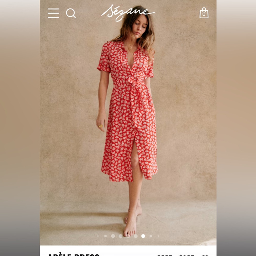Sezane Adele silk white and red dress FR 38/US size 6 NWOT